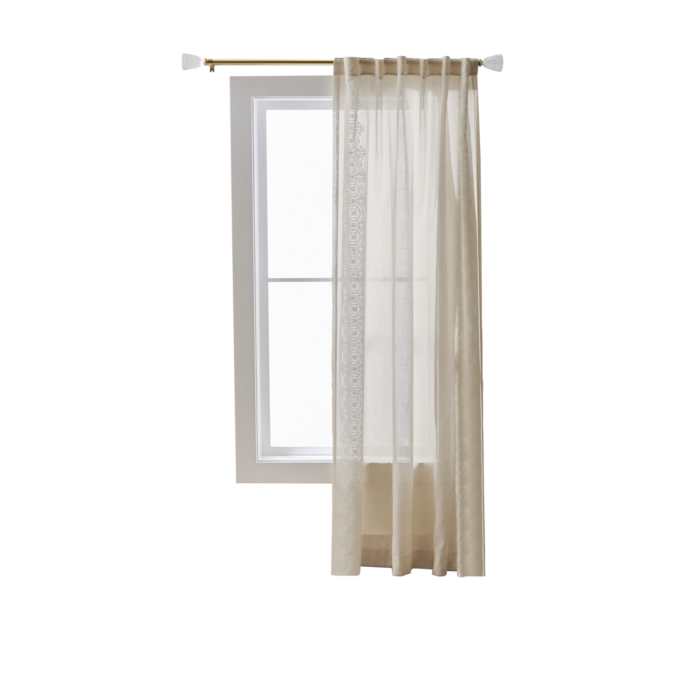 Better Homes & Gardens Embroidered Border Papyrus Beige Light Filtering Pole Top Back Tab Single Curtain Panel, 50" W x 84" L