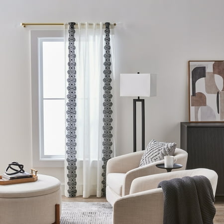 Better Homes & Gardens Embroidered Border Light Filtering Indoor Curtain Single Panel, Pole Top, Back Tab, Vanilla Dream, Rich Black, Polyester, Recycled Poly, 50"W x 84"L, Adult