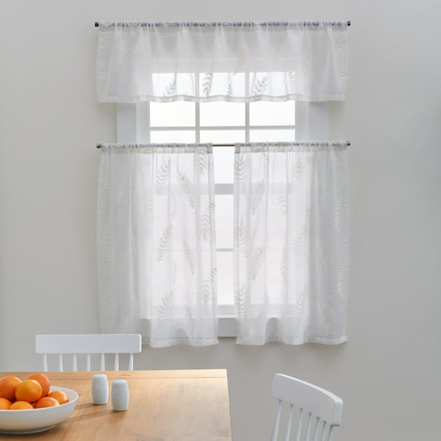 Better Homes & Gardens Embroidered Botanical 36" 3 Piece Curtain and Valance Tier Set Vanilla