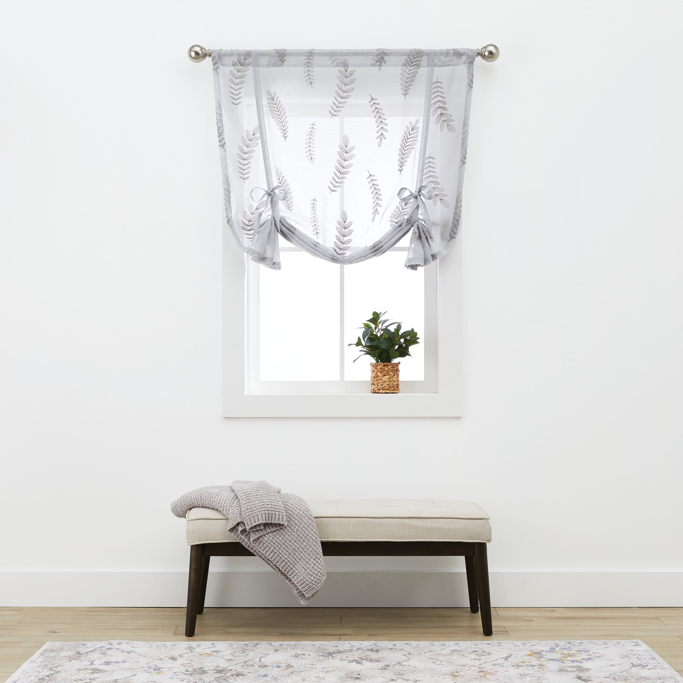 Better Homes & Gardens Embroidered Botanical Balloon Shade, Soft Silver, Polyester, Recycled Poly, Linen, 42"W x 63"L, 1 Piece, Indoor Window Curtain, Adult