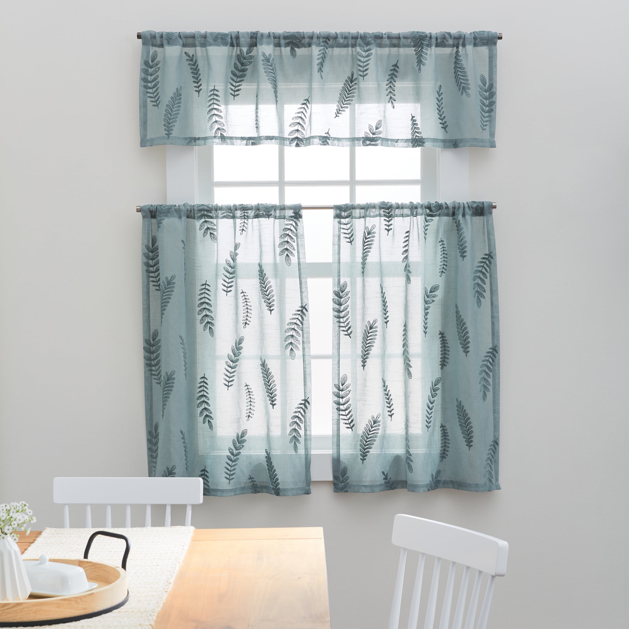 Better Homes & Gardens Embroidered Botanical Valance & Tier Set, 3-Piece Curtain, Green River, 60"W x 36"L, Indoor, Adult, Teen