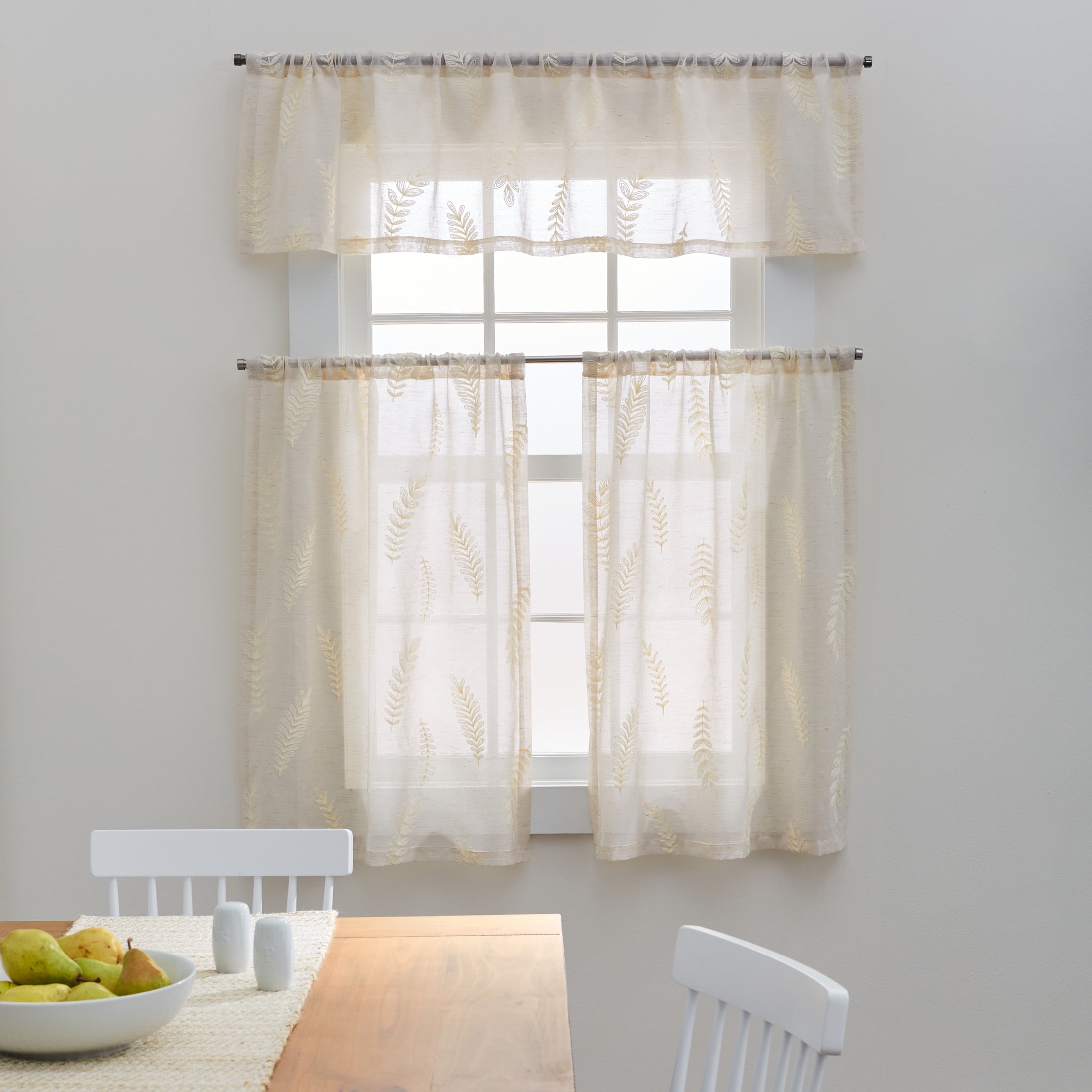 Better Homes & Gardens Embroidered Botanical Valance & Tier Set, 3-Piece Curtain, Indoor, Papyrus Beige, 60" W x 36" L, Adult, Teen