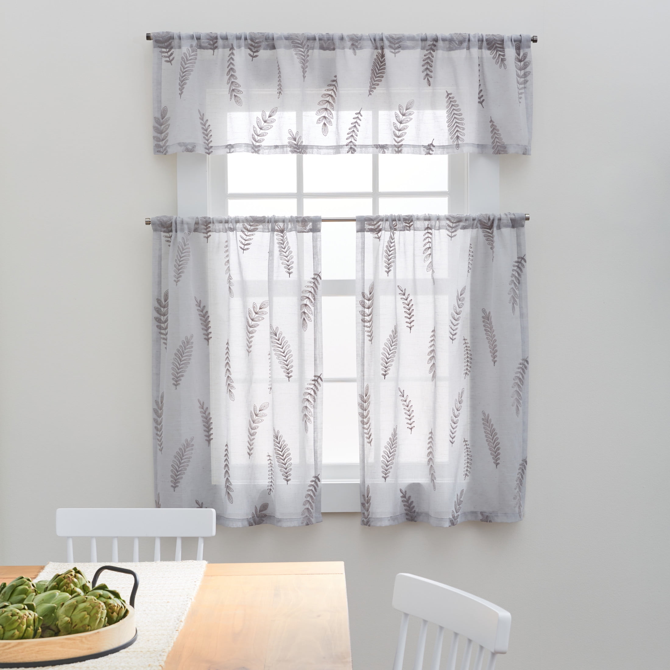 Better Homes & Gardens Embroidered Botanical Valance & Tier Set, 3-Piece Curtain, Silver, Indoor, 60"W x 36"L, Adult, Teen