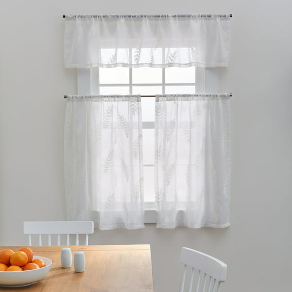 Better Homes & Gardens Embroidered Botanical Valance & Tier Set, Indoor, 3-Piece Curtain, Vanilla Dream, 60" W x 36" L, Adult