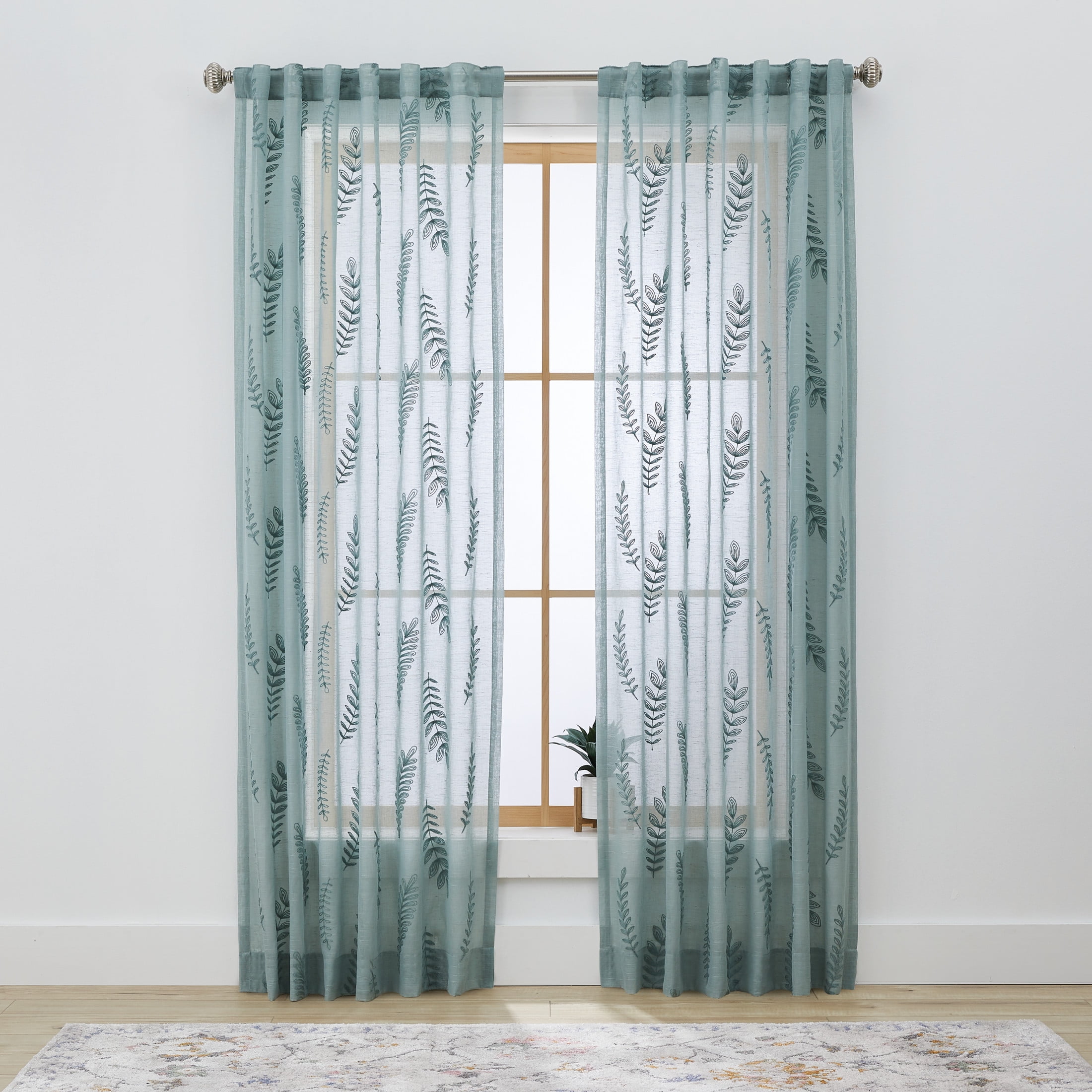 Better Homes & Gardens Embroidered Botanical Sheer Curtain, Single Panel, Green River, 50 in W x 95 in L