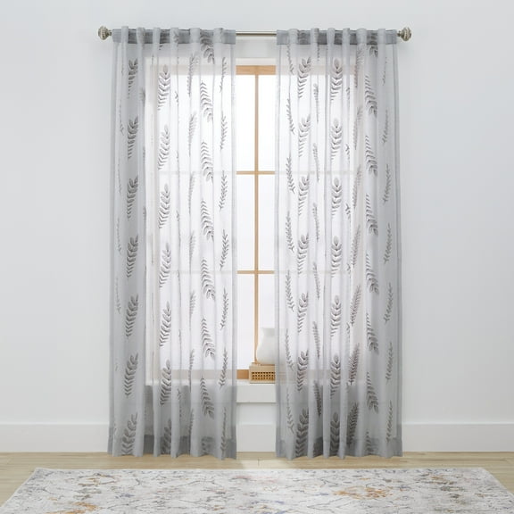 Better Homes & Gardens Embroidered Botanical Sheer Curtain, Single Panel, Soft Silver, 50" W x 108" L