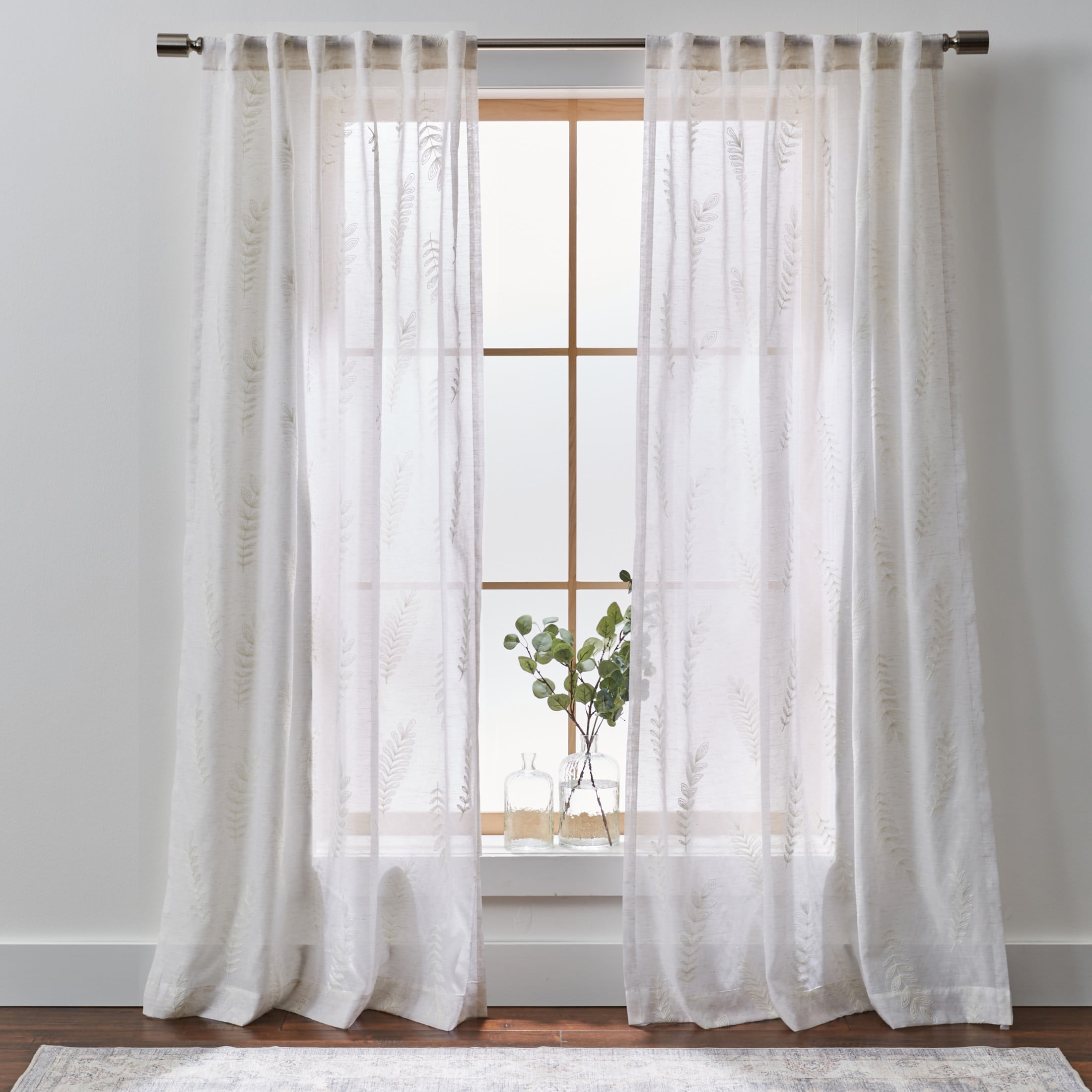 Better Homes & Gardens Embroidered Botanical Sheer Curtain, Single Panel, Vanilla Dream, 50" W x 84" L