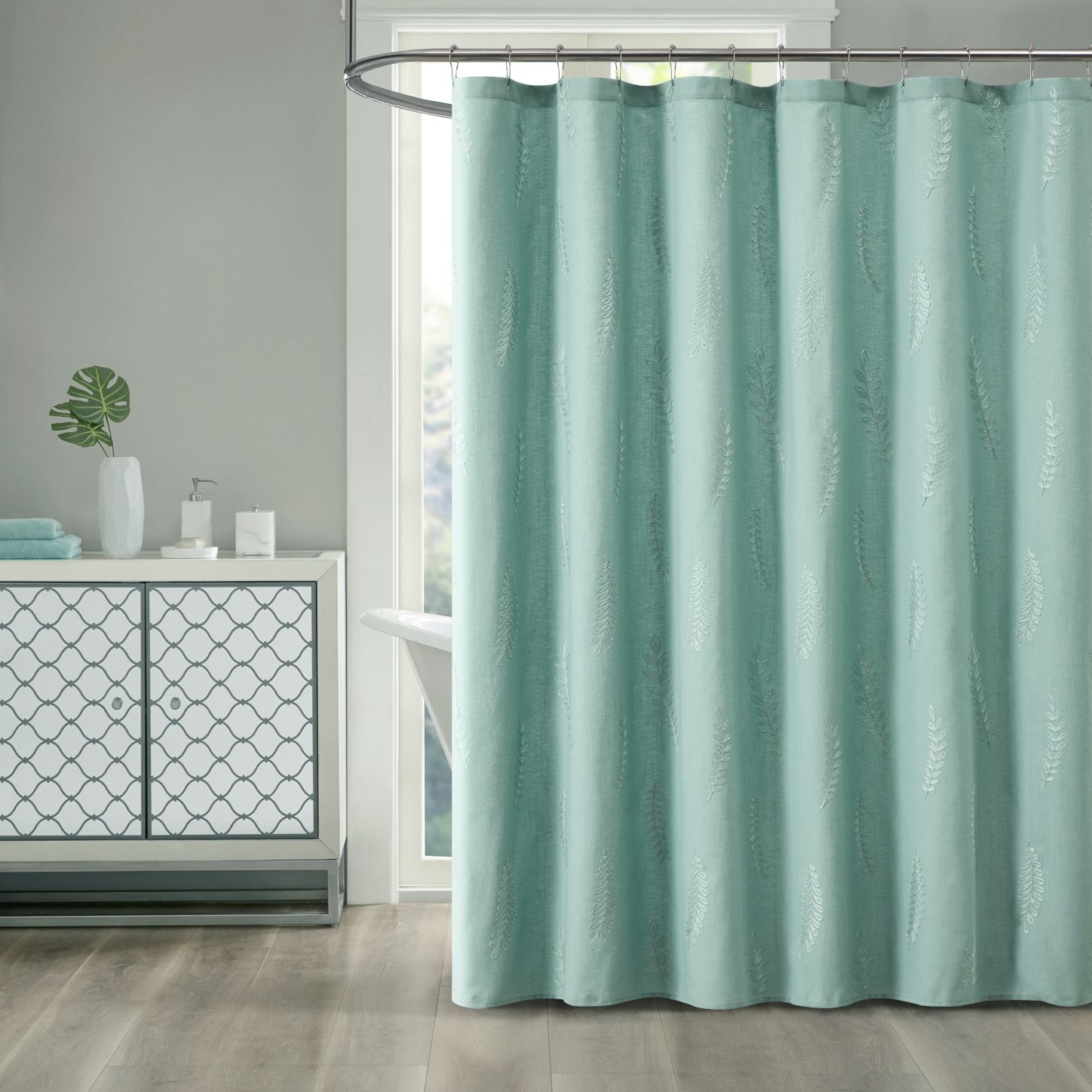 Better Homes & Gardens Embroidered Leaves Fabric Shower Curtain, Aqua ...