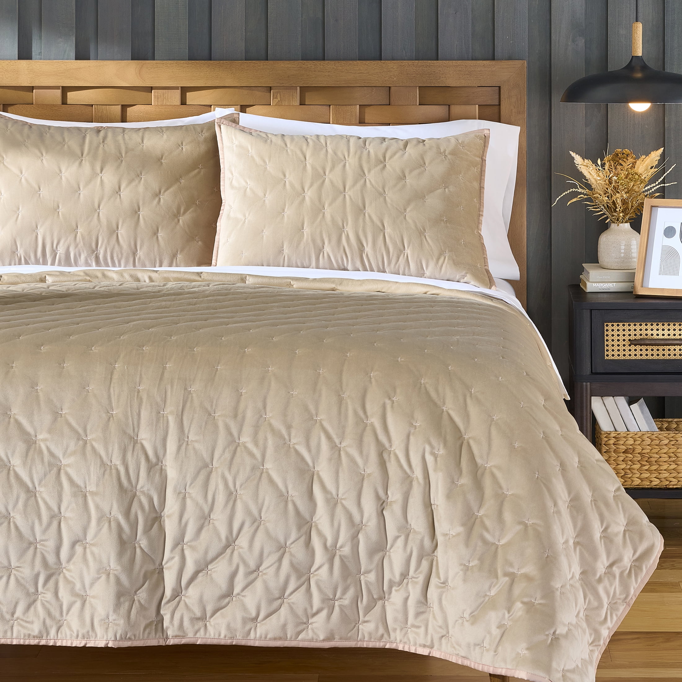 Better Homes & Gardens Tan Soft Velvet Embroidered Quilt, King