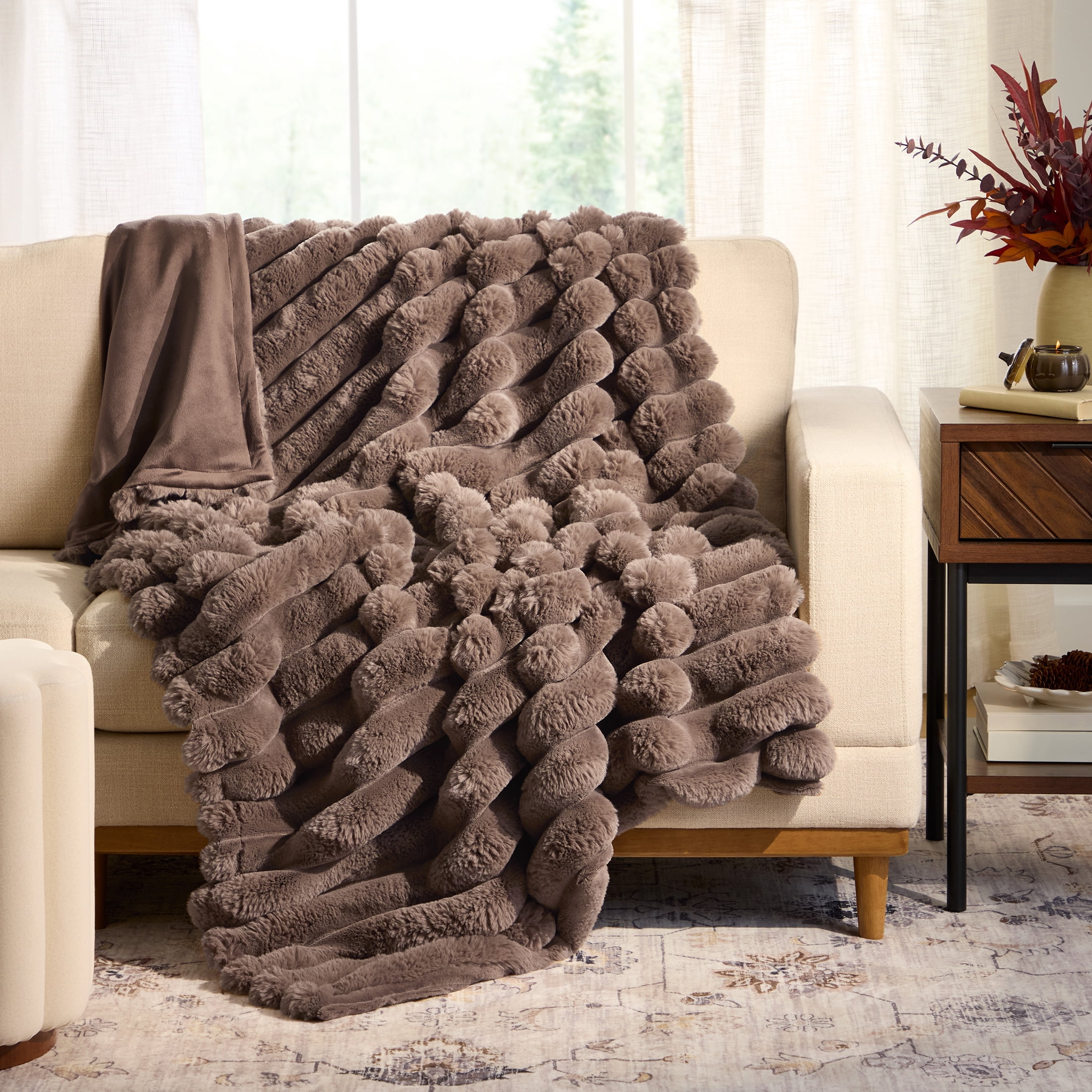 Better Homes & Gardens Brown Basket Exaggerated Channel Faux Fur Oversized Throw, 50 in x 72 in