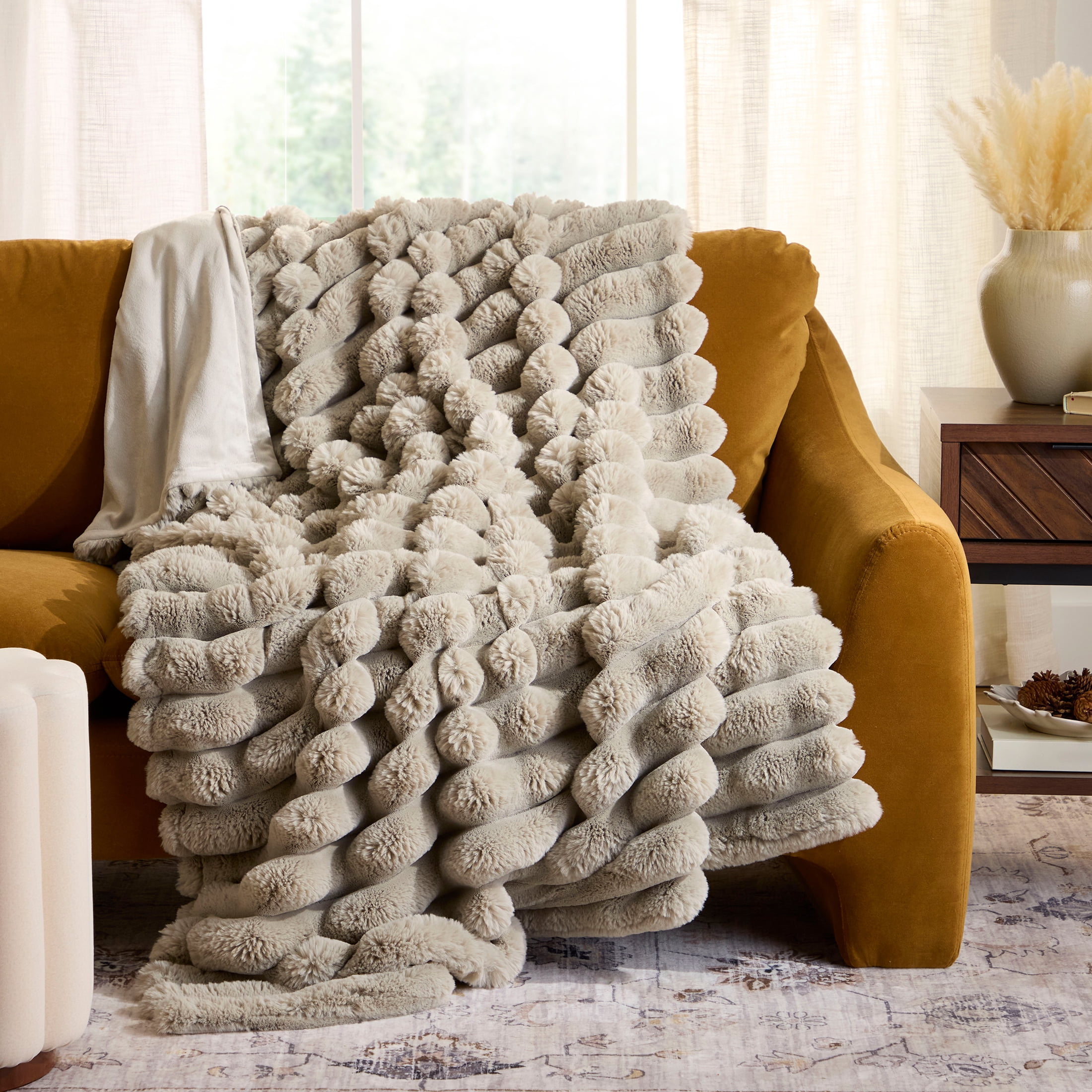 Better Homes & Gardens Grey Haze Exaggerated Channel Faux Fur Oversized Throw, 50 in x 72 in