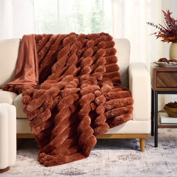 Better Homes & Gardens Gingerbread Cookie Exaggerated Channel Faux Fur Oversized Throw, 50" x 72"