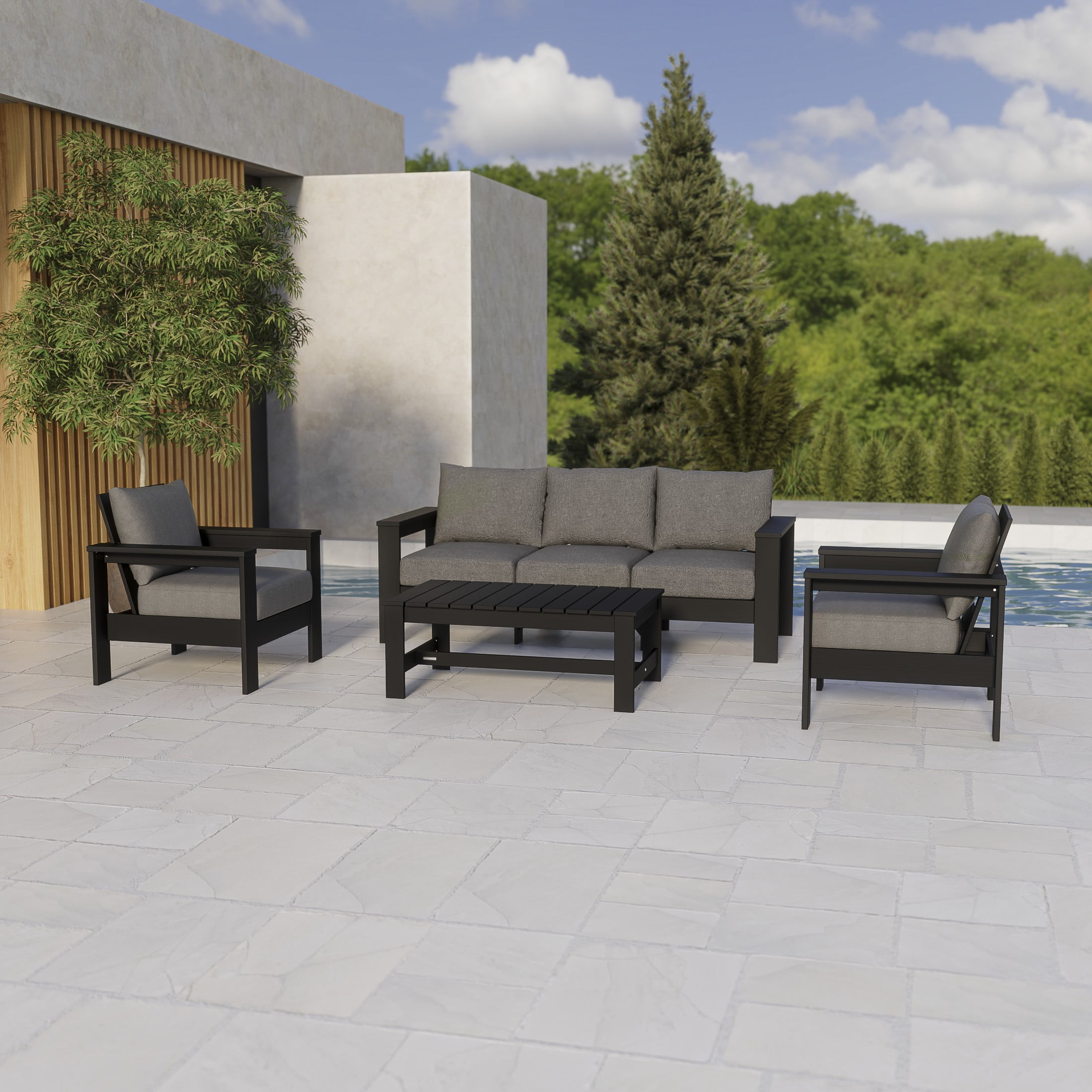 Better Homes & Gardens Ezra 4-Piece Outdoor HDPE Conversation Set, Black with Bellamy Gray Cushions