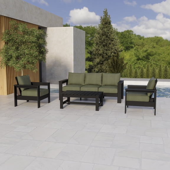 Better Homes & Gardens Ezra 4-Piece Outdoor HDPE Conversation Set, Black with Green Cushions