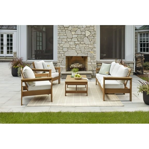 Better Homes & Gardens Ezra 4-Piece Outdoor HDPE Conversation Set, Teak with Cream Boucle Cushions