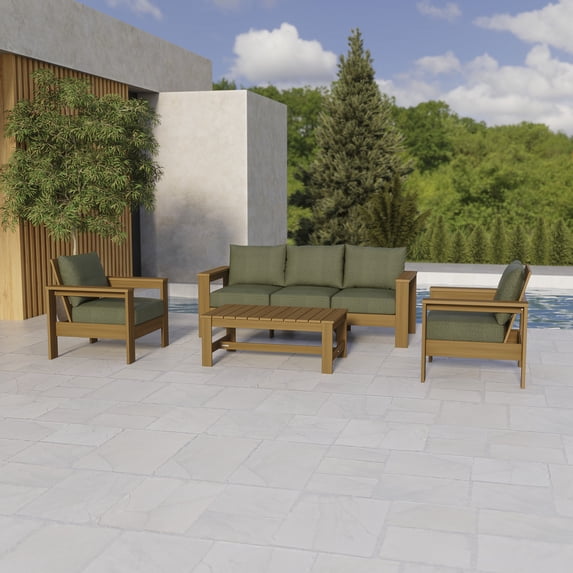Better Homes & Gardens Ezra 4-Piece Outdoor HDPE Conversation Set, Teak with Green Cushions