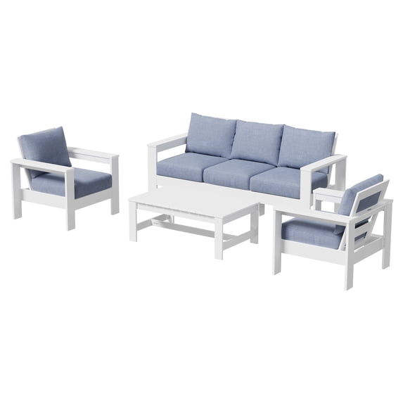 Better Homes & Gardens Ezra 4-Piece Outdoor HDPE Conversation Set, White with Blue Cushions