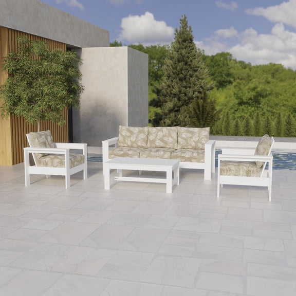 Better Homes & Gardens Ezra 4-Piece Outdoor HDPE Conversation Set, White with Neutral Palm Cushions