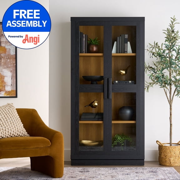 Better Homes & Gardens Ezra Glass Door Storage Accent Cabinet, Rich Black finish