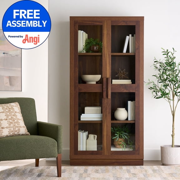 Better Homes & Gardens Ezra Glass Door Storage Accent Cabinet, Warm Walnut finish