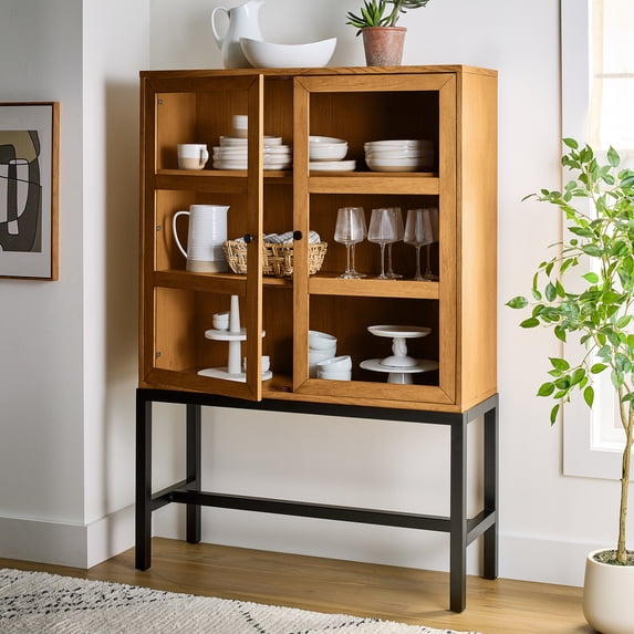 Better Homes & Gardens Ezra China Cabinet, Light Honey Finish and Black Stand
