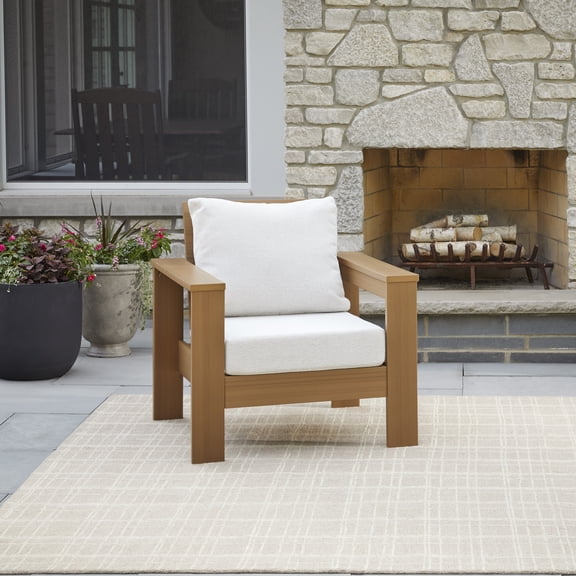 Better Homes & Gardens Ezra Outdoor HDPE Club Chair, Teak with Cream Boucle Cushions