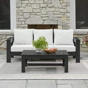 Better Homes & Gardens Ezra Outdoor HDPE Sofa, Black with Cream Boucle Cushions