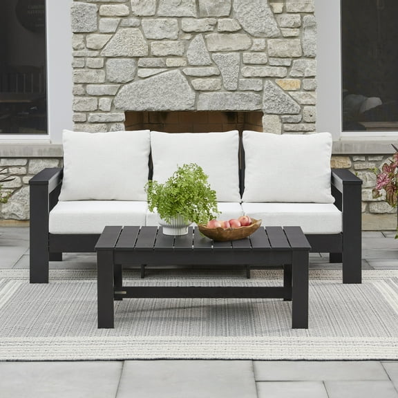 Better Homes & Gardens Ezra Outdoor HDPE Sofa, Black with Cream Boucle Cushions