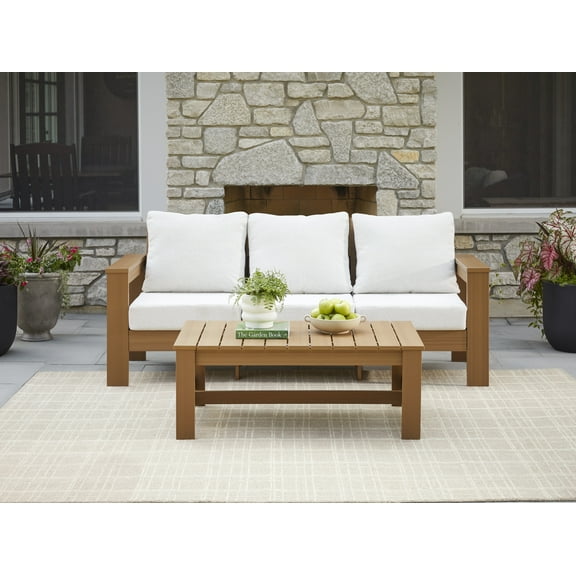 Better Homes & Gardens Ezra Outdoor HDPE Sofa, Teak with Cream Boucle Cushions