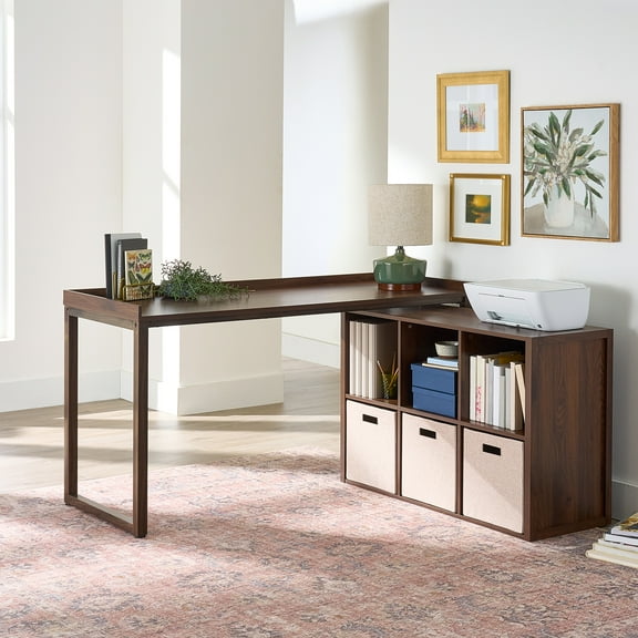 Better Homes & Gardens Ezra Modular L Desk with 6-Cube Storage, Walnut Finish