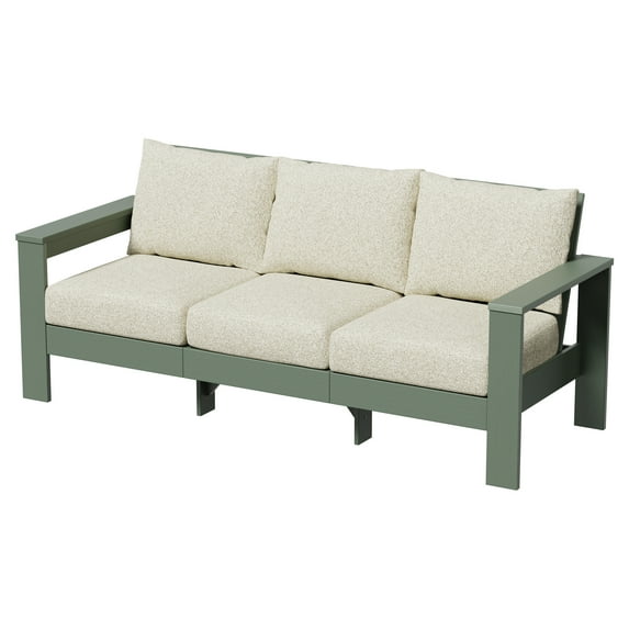 Better Homes & Gardens Ezra Outdoor HDPE Sofa, Green with Cream Boucle Cushions