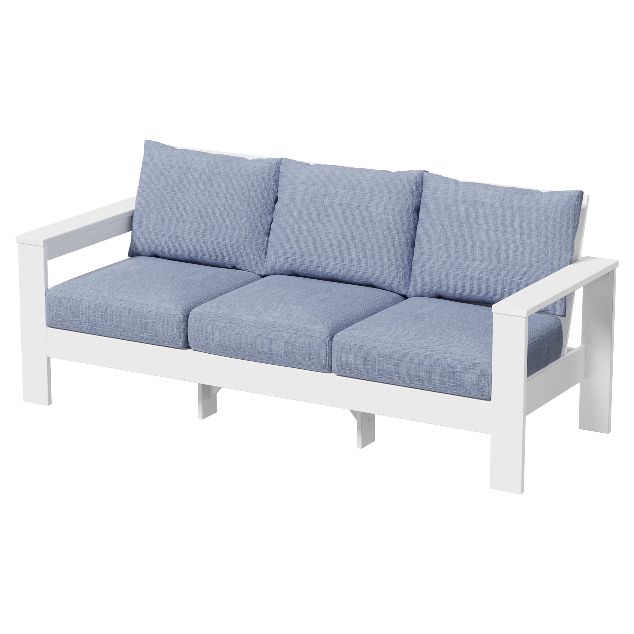 Better Homes & Gardens Ezra Outdoor HDPE Sofa, White with Blue Cushions
