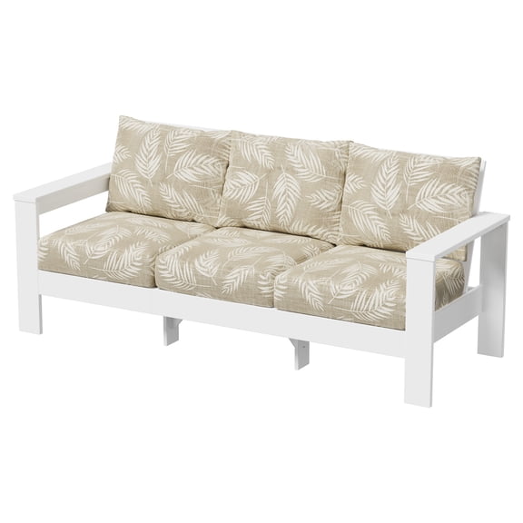 Better Homes & Gardens Ezra Outdoor HDPE Sofa, White with Neutral Palm Cushions