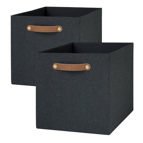 Better Homes & Gardens Fabric Cube Storage Bins (12.75" x 12.75"), Charcoal with Leather Handle, 2 Pack