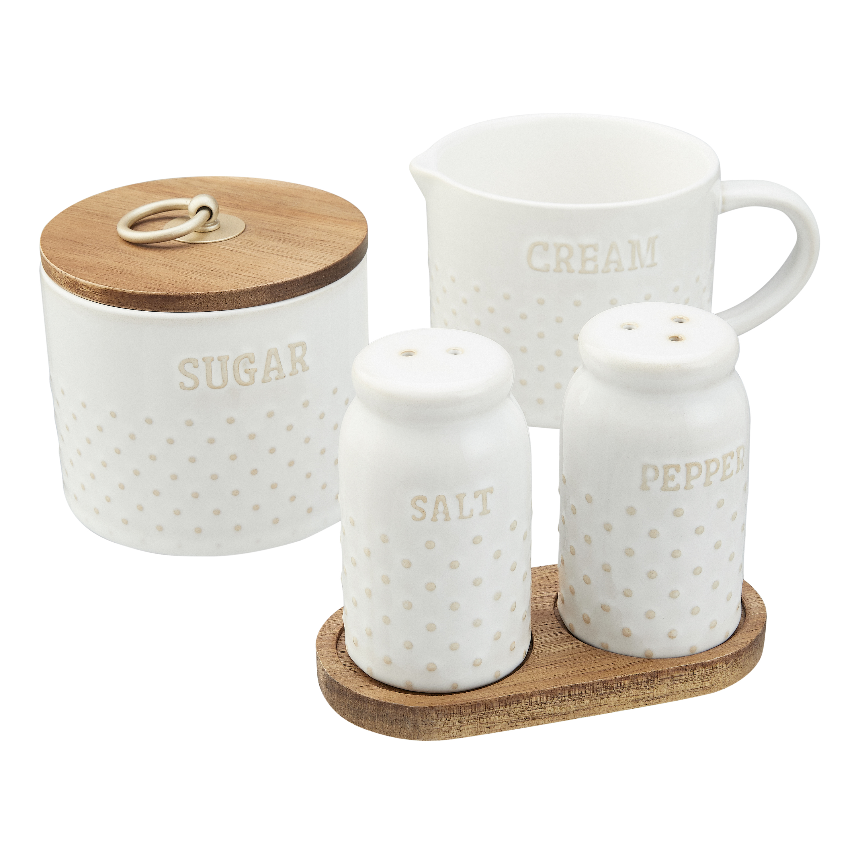 Better Homes & Gardens Farmhouse 4-Piece Dotted Sugar Cannister, Creamer, and Salt and Pepper Shaker Set in White - image 1 of 6