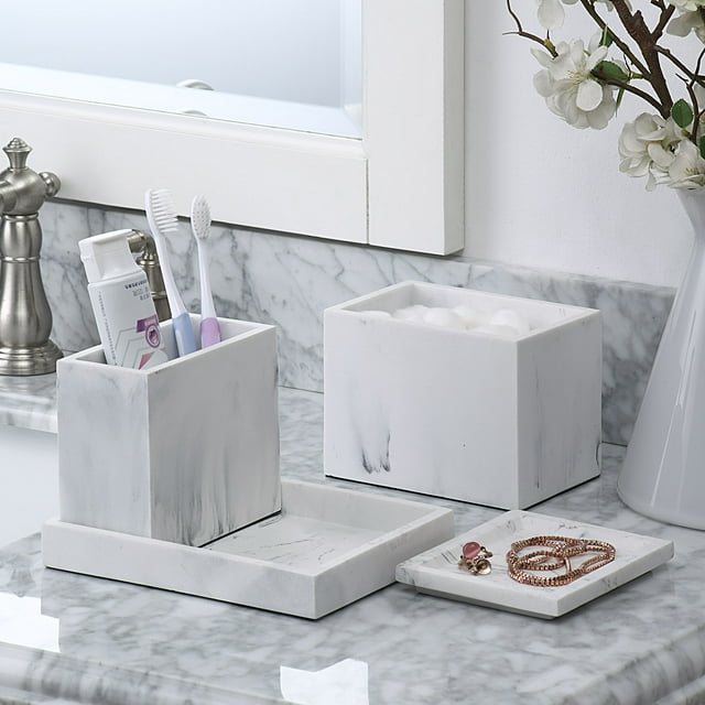 Better Homes & Gardens Faux Marble 4 Piece Vanity Organizer Set with Magnetic Side, White