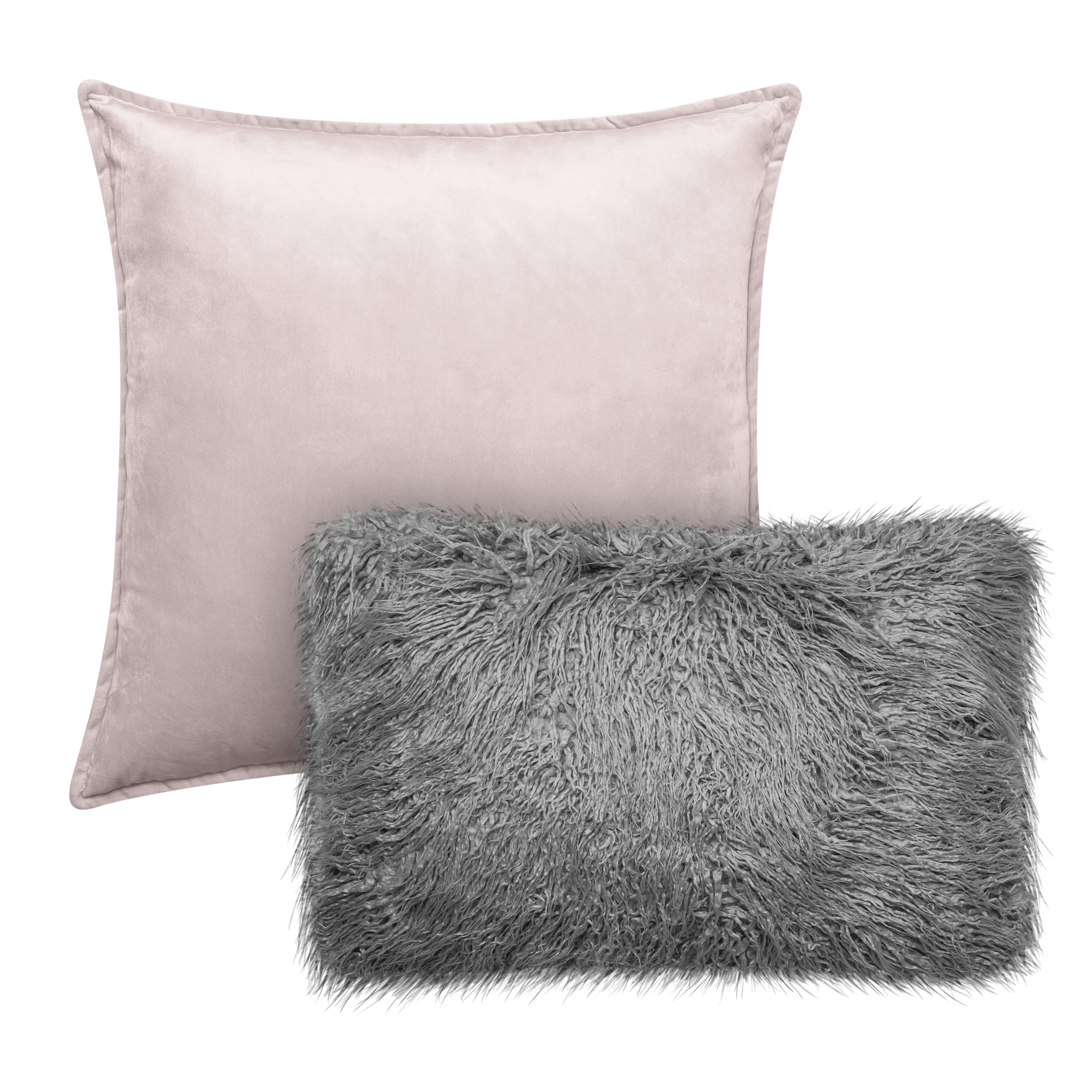 Better Homes & Gardens Feather Filled Velvet Square & Mongolian Faux Fur Oblong Decorative Throw Pillows, Blush & Gray, 2 Piece Set
