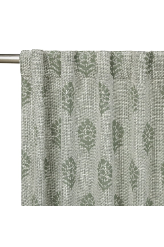 Floral Block Print Light Filtering Single Curtain Panel, Green, 50"W x 95"L