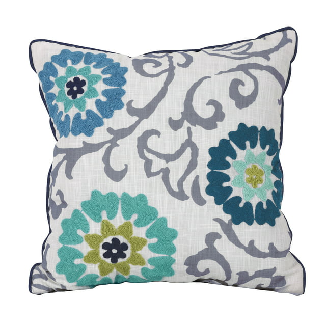 Better Homes & Gardens Floral Medallion Decorative Throw Pillow, Gray and Blue