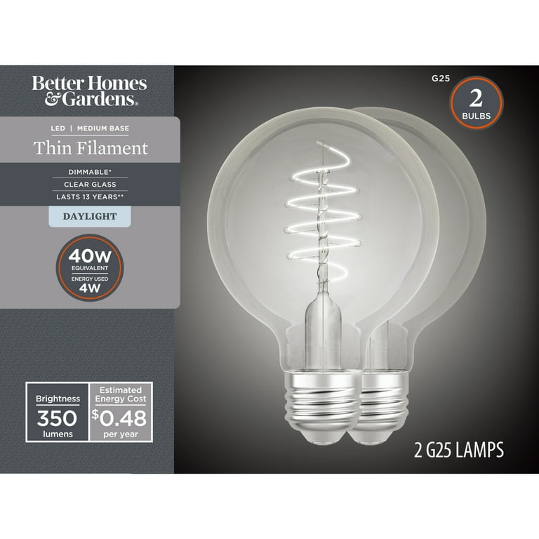 Better Homes Gardens G25 LED Vintage Light Bulb 4 Watts 40w Equivalent Daylight Thin Filament E26 2pk