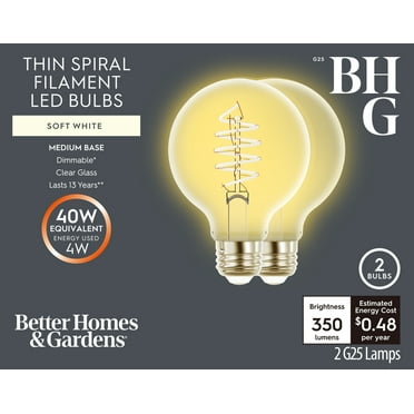 Better Homes & Gardens G25 LED Vintage Light Bulb, 4 Watts (40W Equivalent), Soft White, Thin Filament, E26, 2PK