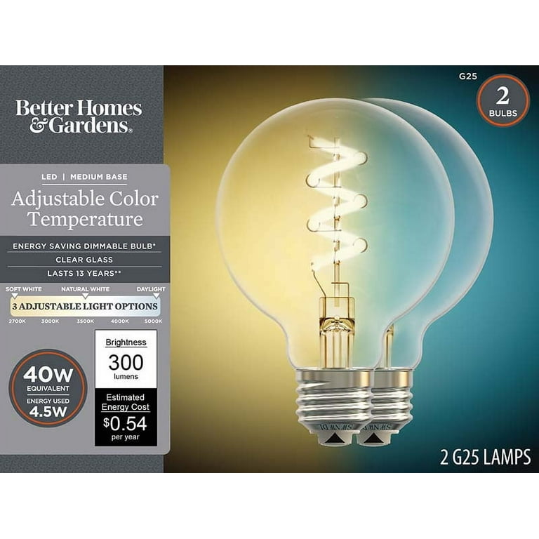 Better Homes Gardens G25 LED Vintage Light Bulb act 4.5 Watts 40w Equivalent Spiral Filament E26 2pk