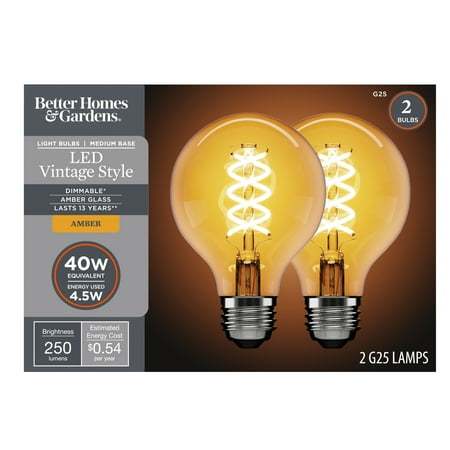 Better Homes & Gardens G25 Vintage LED Globe Light Bulb, 40 W Equivalent, 4.5 W, Dimmable, 2175K, 2 Pack