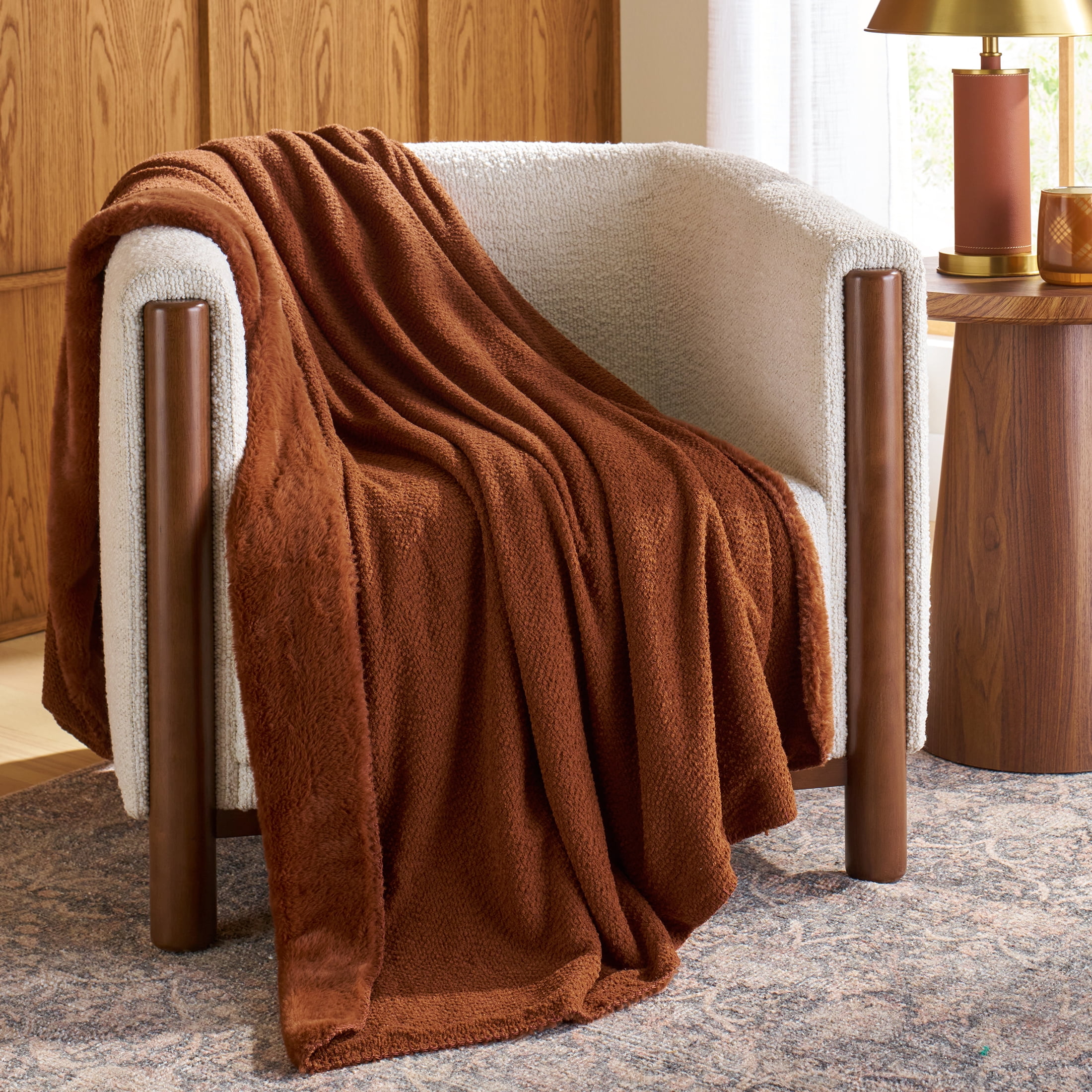 Better Homes & Gardens Gingerbread Cookie Boucle Reverse to Faux Fur Oversized Throw, 50 in x 72 in