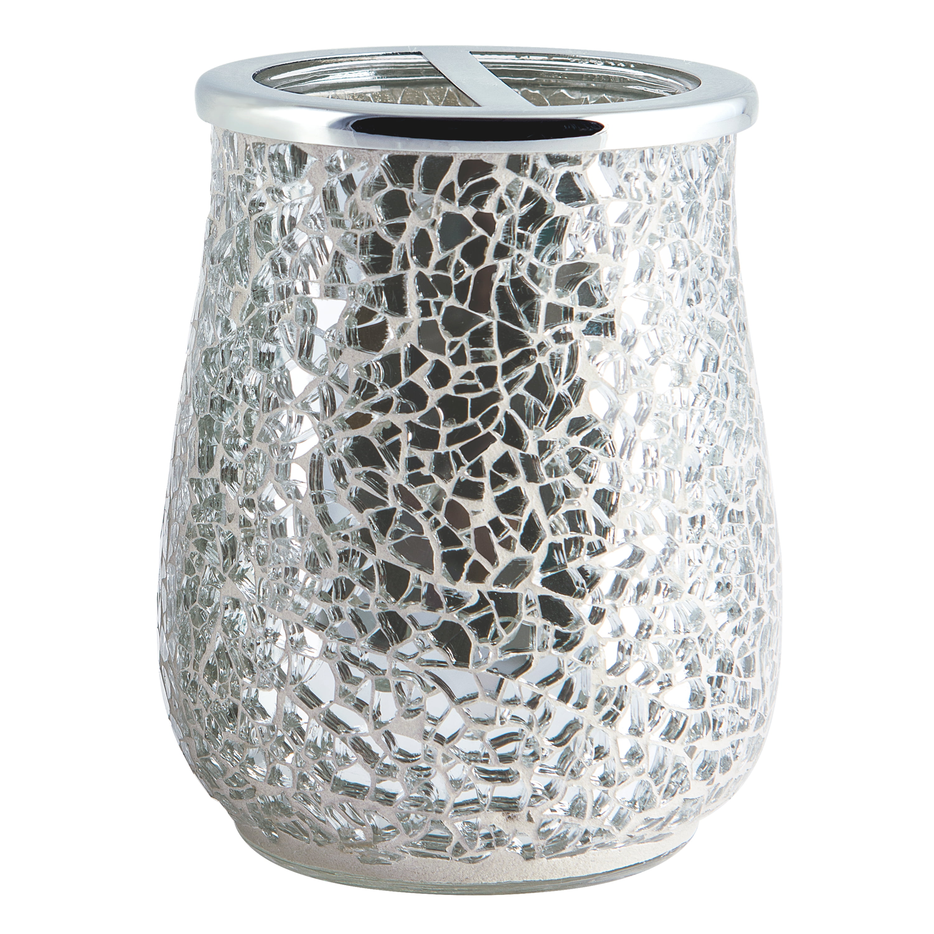 SET (3) HEAVY Crackle GLASS Silver METAL LID BATHROOM VANITY