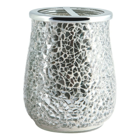 Better Homes & Gardens Glimmer Mosaic Glass Toothbrush Holder, Shiny Silver Grey, Bathroom Accessory, Home Decor