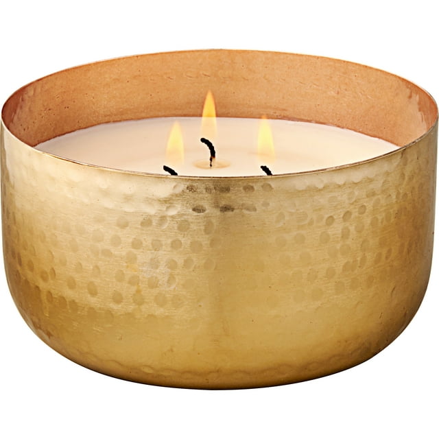 Better Homes & Gardens Gold Hammered Metal Bowl 3-Wick Soft Cashmere Amber Candle