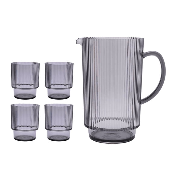 Better Homes & Gardens Gray 2.2-Quart Plastic Ribbed Pitcher Set with Tumblers, 5-Piece