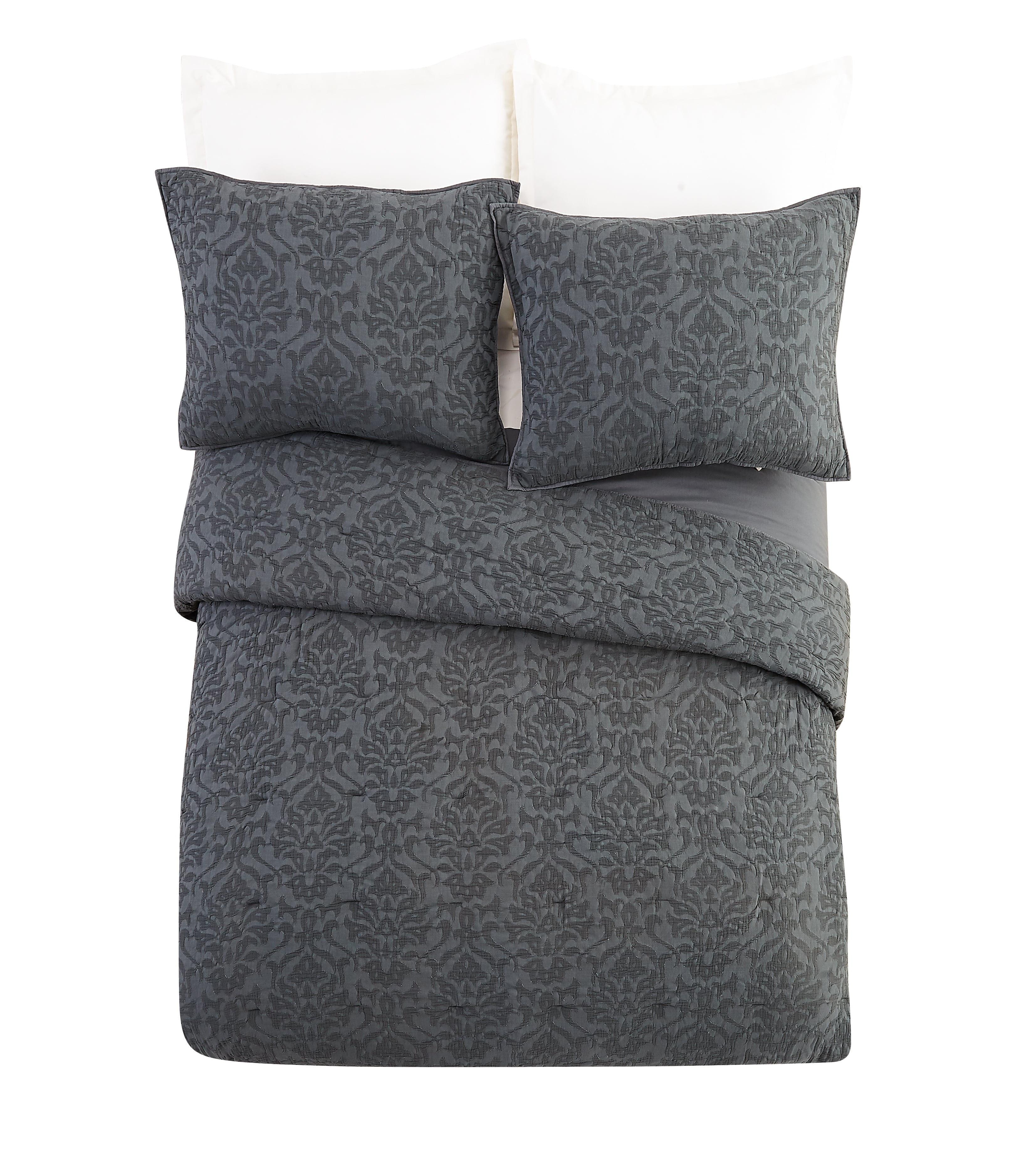 Gray Full Cotton Damask Jacquard Quilt Set