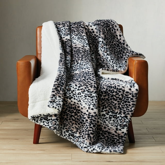 Better Homes & Gardens Gray Leopard Faux Fur and Sherpa Throw Blanket